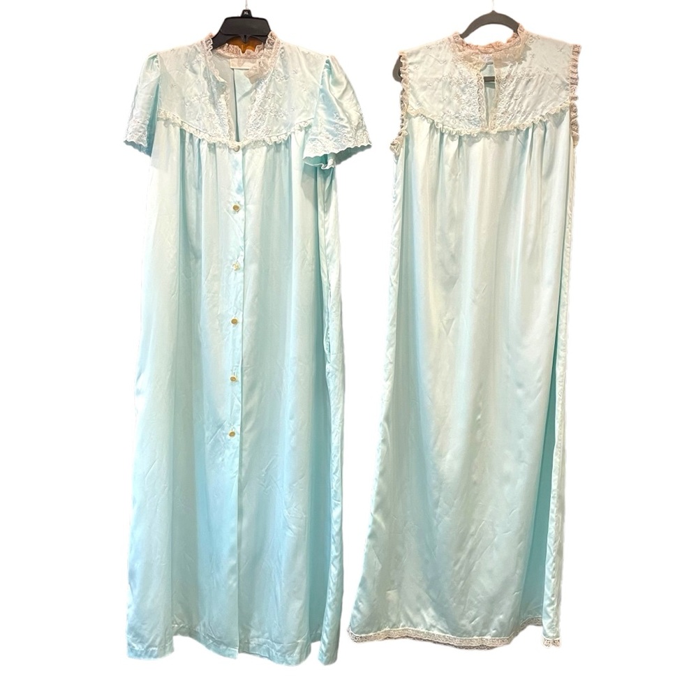Bert Yelin For Iris Vintage Nightgown Set Pastel Teal White Lace Pearl Buttons M